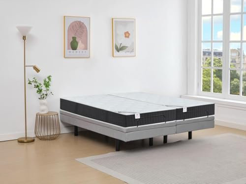 Vente-unique-Dekoratives Bett mit elektrischer Relaxfunktion + Taschenfederkern- & Memory-Schaum-Matratze - 2 x 80 x 200 cm - Stoff - Grau - RIZALI von YSMÉE
