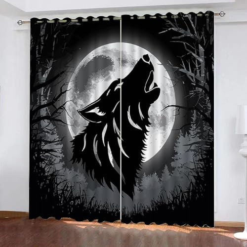 Gardinen Tiere Motiv Mond Wolf 2 Stück H 140Cm X B 60Cm, Vorhang Blickdicht Ösen Kurz,Verdunklungsvorhänge Kinderzimmer Mädchen Jungen,Kinder Vorhang Verdunkelung Für Schlafzimmer,A26
