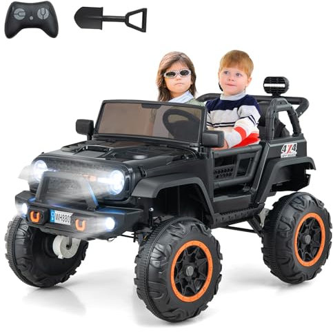 COSTWAY 2-Sitzer Elektroauto für Kinder, 24V Kinderfahrzeug mit Fernbedienung & Schaufel, Elektrofahrzeug mit Musik & Geschichten & USB & Hupe, Elektro Auto für Kinder ab 3 Jahren (Schwarz)