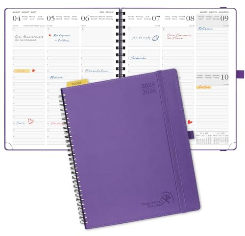 POPRUN Agenda 2025 2026 Semana Vista 26,5 x 21,5 cm, Semanal 17 Meses de Ago.2025 a Dic.2026, Planificador en Espiral, Tapa Blanda, 80 GSM Papel, Violet