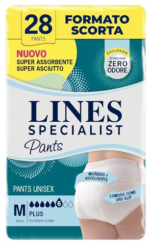 Lines Specialist Pants Plus Unisex, Mutande Assorbenti per Incontinenza Donna e Uomo, Asciutto Lampo e Massima Protezione, Zero Odore, Taglia M, Confezione da 28 Pezzi
