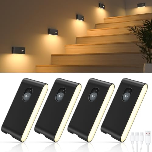 WILLED Led Nachtlicht mit Bewegungsmelder, USB-C Aufladbare Treppenlicht | Magnetische Treppenbeleuchtung mit Bewegungsmelder, 3 Modi (AUTO/ON/OFF), für Treppe, Schlafzimmer, Küche, Flur（4 Stück）