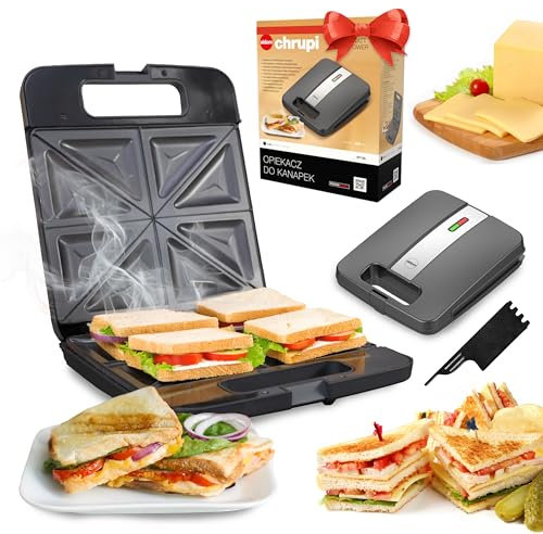 Sandwichmaker XXL für 4 große Sandwiches – 1400 W, Antihaftbeschichtung, Schnellaufheizung, automatische Temperaturkontrolle, rutschfeste Füße, wärmeisolierter Griff, platzsparend, silber/grau