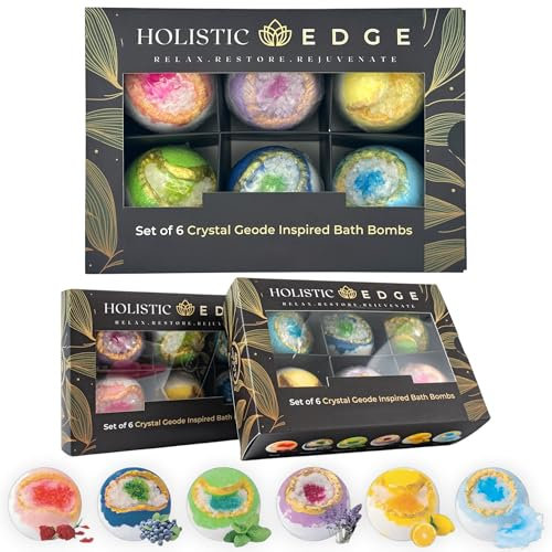 Holistic Edge Crystal Geode Bath Bomb Gift Set - Handmade Luxury Spa Fizzers for Women, Men & Kids - Relaxing Aromatherapy Gift (6 x 95g)