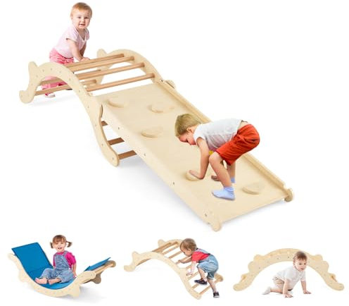 Climbing Frame for Toddlers, 3 in 1 Wooden Indoor Climbing Pikler Montessori Set with with Ramp Arch Padding, Baby Playground Jungle Gym Climber Toys for Kids (Natural)