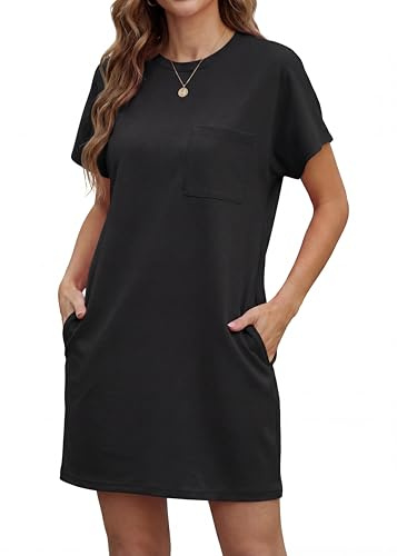 GRECERELLE Sommarklänning damer kortärmad strandklänning elegant rund hals ledig fritidsklänning damklänningar med fickor enfärgad sommar klänning t-shirt lätta och luftiga fritidsklänningar, svart