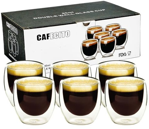 Set di tazze da caffè (6 x 80 ml), a doppia parete, in vetro borosilicato, lavabili in lavastoviglie, per latte macchiato, cappuccino, tazze da caffè
