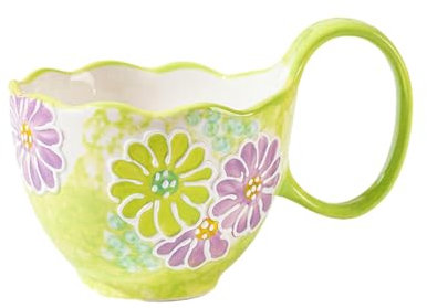 550Ml/18.5oz hand-painted large ear mug, cute large handle ceramic mug - green chrysanthemum