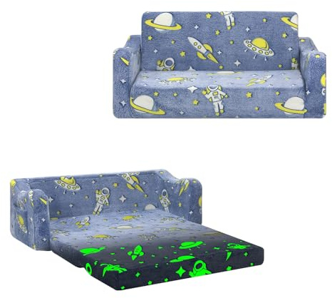 Pieghevole Divano Bambini 2-in-1, Poltroncina per Bambini Trasformabile in Lettino per Regalo Bambino,Stabile Sedia si illumina al Buio Camere da Letto, Soggiorno e Stanza per i Giochi,Astronauta