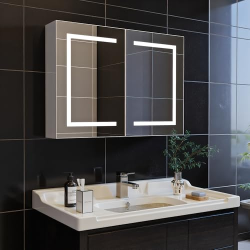 QMTXBYJ Badezimmerschrank mit Spiegel und LED-Beleuchtung, Wandschrank für Badezimmer mit 2 verstellbaren Einlegeböden und 2 Türen, Spiegelschrank mit Sensorschalter,80x60x13,5 cm