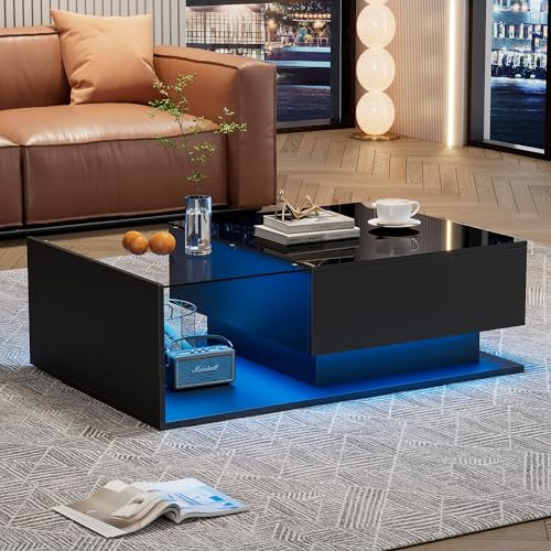 Crlnaup Mesa de centro de color negro brillante, 100 x 50 x 32 cm, con tapa de cristal y cajones, resistente a los arañazos, con 1 cajón, con iluminación LED, estilo moderno