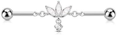 OUFER 14G Flor Piercing Industrial Joyería 316L Acero Quirúrgico Colgante Hoja Barra Industrial Barbell 38mm Marquesa CZ Cartílago Helix Pendiente 1,6 mm Joyería para Mujeres, 14G38mm, Acero