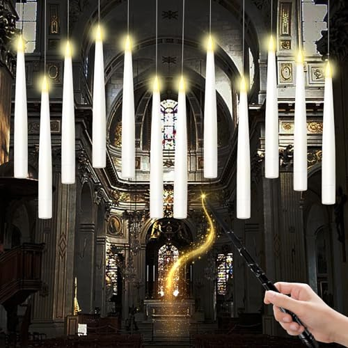 ZHUJIECAO Floating Candles with Wand, 12 Pcs Flameless LED Taper Candles, Battery Operated Flickering Hanging Candles for Magical Christmas Decor, Wedding, Party & Halloween