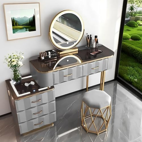 Vanity Dressing Table Set - Vanity Desk with LED Lighting & Wireless Charging Side Cabinet, Dresser Tables Includes Stool - Modern Makeup Desks for Bedroom (Grey)