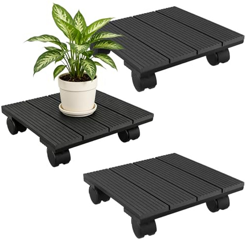 FAAING 3 Stück Pflanzenroller Eckig Holz Outdoor, 30x30cm Rollbrett Pflanzen Blumentopf Untersetzer mit Rollen, Schwarz Blumenroller Blumenuntersetzer für Pflanzen Außenbereich Innenbereich