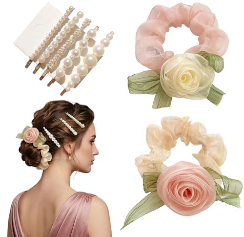 Kit Sposa Accessori per Capelli, 5 Mollette per Capelli con Perle Intrecciate a Mano & 2 Elastici Tulle con Fiori di Rosa (Beige & Rosa), Gadget Sposa Elegante per Matrimonio, Team Bride & Damigelle