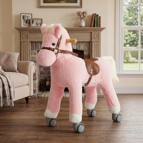 Labebe Pferd zum Reiten, Spielpferd mit Rollen aus Plüsch | für Kinder von 3–12 Jahren, 2-in-1 Schaukelpferd für drinnen und den Garten