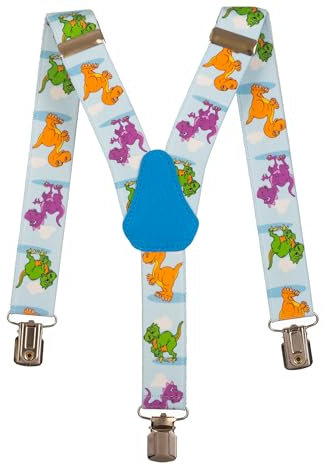 Olata Kinder Hosenträger mit Dinosaurier-Design | Elastische Y-Hosenträger (1-5 Jahre) – 2,5 cm. Hellblau