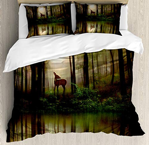 Ambesonne Nature Duvet Cover Set, Deer in The Forest Reflection on Lake Foggy Woodland Graphic, Decorative 3 Piece Bedding Set with 2 Pillow Shams, Queen Size, Fern Green Brown Cocoa