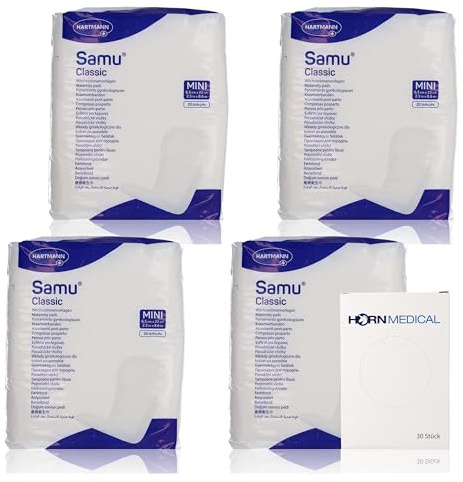 4x 20 Hartmann Samu Classic Wöchnerinnenvorlagen MINI im Set mit Horn Medical Hygienebeuteln aus Kunststoff