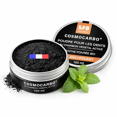 SFB Laboratoires - Poudre de Charbon Actif Blanchiment Dentaire - Élimine les Taches - Rafraîchit l'Haleine avec Huile Essentielle de Menthe Poivrée Bio - Soin Buccal Naturel - 100% Français - 40g