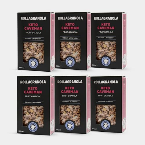 Rollagranola - Keto Caveman, Fruit Granola, 6 x 300g Box - Keto Granola, High Protein, Low Carb, Vegan, Gluten Free & Cereal Free with No Added Sugar, Handcrafted in the UK (6 x 300g)