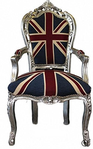 Luxuriöser Barocksessel aus Holz mit Blattmotiv, silberfarben, UK-Flagge