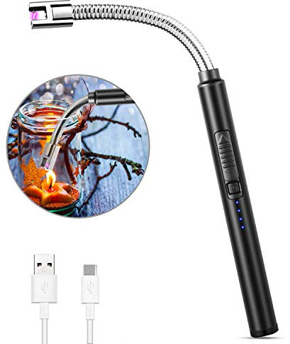 MOSUO Accendino Elettrico, Ricaricabile Accendigas Elettrico USB con Display della Batteria, Accendino Lungo con Blocco di Sicurezza, Senza Fiamma, Arco Elettrico per Cucina Candele Barbecu, Nero