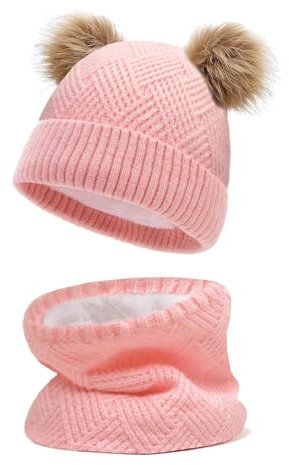 JFAN Barnvintermössa med tofsar för att hålla pojkar och flickor varma, dubbel bollmössa + haklapp,, rosa, One size