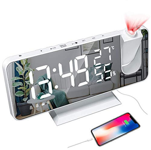 YUNYODA Projektionswecker, digitaler LED-Wecker mit Spiegelfläche, USB-Ladeanschluss, Wiederholung, Dual-Alarm, FM-Radio, 3 Dimmmodus, Luftfeuchtigkeit der Temperatur, Einstellung 12/24 Stunden