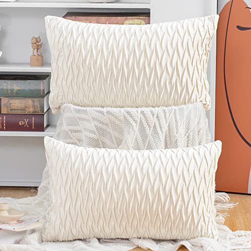 MADIZZ Set med 2 Supermjuka, dekorativa kuddfodral i sammet med textur Lyxstil Kuddfodral Kuddskal för bäddsoffa 40x60 cm Gräddvit