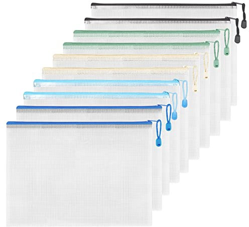 FYY Dokumententasche A4-10 Stücke A4 Datei Taschen mit Reißverschluss, Mesh Kunststoff Reißverschlusstasche für Datei,Papier, Dokumente, Kosmetika, Hausaufgaben und Reisezubehör,10 weiß