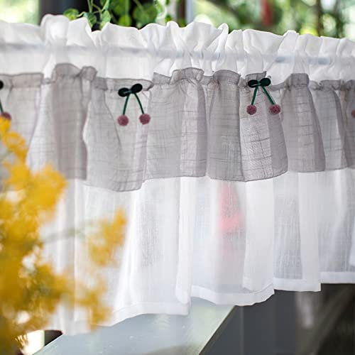 A.Monamour Short Curtain for Small Window Cotton Linen White Grey Sheer Voile Tulle Tier Curtain With Pink Cherry Window Treatment Valance Window Panel Drapes Half Curtain for Kitchen Café Bedroom