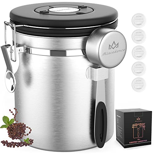 Miscedence Coffee canister for ground coffee with Scoop Date Tracker One Way Co2 Valve 304 Stainless Steel Kitchen Food Airtight storage container for Coffee Beans,Grounds,Tea,Sugar (Silver, 16oz)