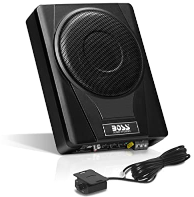 BOSS Audio Systems BASS8 8 Inch Underseat Powered Car Subwoofer - 800 High Output, Low Profile, Built-in Amplifier, for Trucks, Boxes and Enclosures, Remote Control Subwoofer