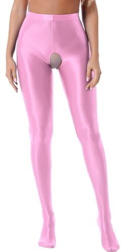 Freebily Damen Glänzend Strumpfhosen Sexy Offener Schritt Seiden-Glanz Glatte Leggings Frauen Feinstrumpfhose Crotchless Rosa L
