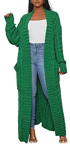 Long Sweaters for Women Cardigan Open Front Long Sleeve Plus Size Chunky Cable Knit Duster Cardigans with Pockets Winter Coat, Green, L