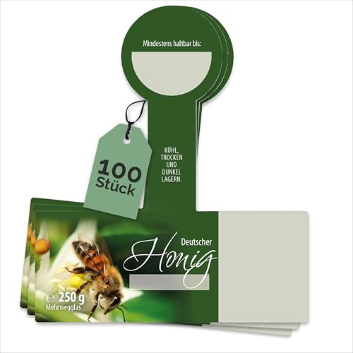 Apoidea – Honig Etiketten 250 g mit Gewährverschluss nassklebend – 100 Stück zum Stempeln/Etiketten Honiggläser/Honig Aufkleber für selbstgemachten Honig/Honigetiketten für Honiggläser