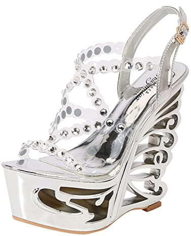 Woaikeyu Sandalias Mujer Verano Estilo de Moda Sexy Verano Tacones Altos Mujer Zapatos de tacón alto Rhinestone Sandalias transparentes Bloque talón, plata, 42 EU