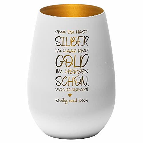 4you Design Windlicht Enkelgeschenk Personalisiert Oma Du hast Silber im Haar..(Metall-Weiß-Gold), Glas mit Spruch für Großmutter mit Namen der Enkelkinder, Geschenkidee zum Geburtstag,