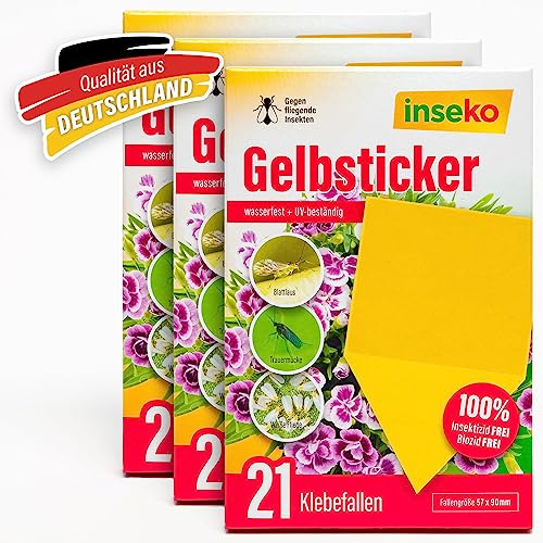 inseko 63x Gelbsticker – Gelbfallen gegen Trauermücken & Weiße Fliegen – 100% giftfrei – für Zimmerpflanzen & Garten – Made in Germany