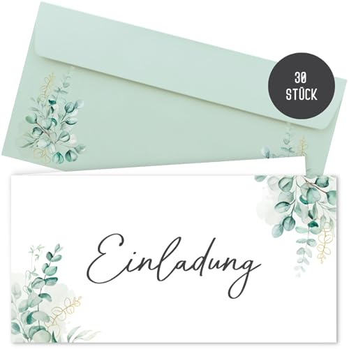 30 Einladungskarten inkl. Umschläge für Hochzeit, Standesamt, Geburtstag, Konfirmation, Kommunion, Jugendweihe, Taufe, Einladung | Klappkarte DIN lang (Eucalyptus 30 Stück)