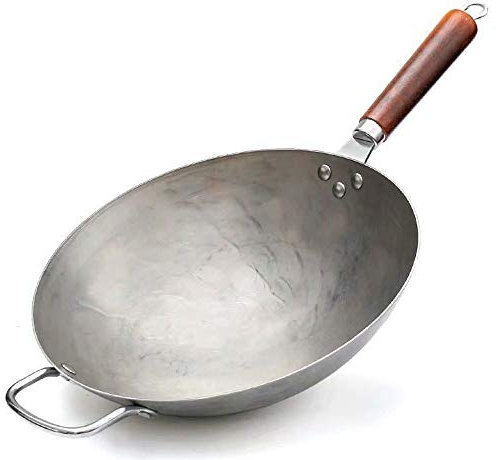 BONOOL Eisen, keine Beschichtung, antihaftbeschichtet, Wok, handgeschmiedete Eisenpfanne, chinesischer Stil, Eisentopf, Gasherd, 36 cm, Holzgriff