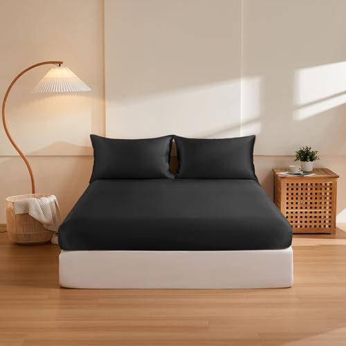 THXSILK 6A+ Top Grade 100% Pure Mulberry Silk Queen Fitted Sheet 3Pcs Set Bed Sheets Luxury Bedding for Hair and Skin Breathable Cooling Natural Materials, 1 Fitted Sheet with 2 Pillowcases, Black