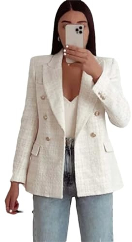 Chaqueta de tweed de doble botonadura para mujer, estilo vintage, sólida, para trabajo, oficina, manga larga, con bolsillo, beige, 36