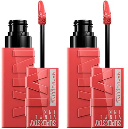 Maybelline New York SuperStay Vinyl Ink Lippenfarbe 115 Peppy Brillant und heller Vinyl-Effekt, Formel ohne Transfer, Haltbarkeit bis zu 16 Stunden, 2 Lippenstifte mit Präzisions-Applikator