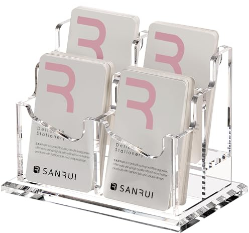SANRUI Vertical Business Card Holder for Desk，Clear Acrylic Business Card Display Stand，4 Slots 2 Tier ，Holds 200 Cards