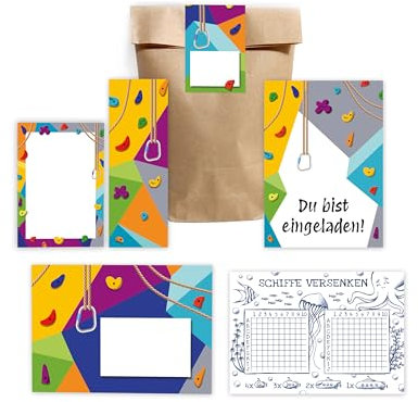 6 Einladungskarten zum Kindergeburtstag Klettern Bouldern Mädchen Jungen Jungsgeburtstag Mädchengeburtstag incl. 6 Umschläge, 6 Tüten/natur, 6 Aufkleber, 6 Lesezeichen, 6 Blöcke, 6 Schiffe versenken