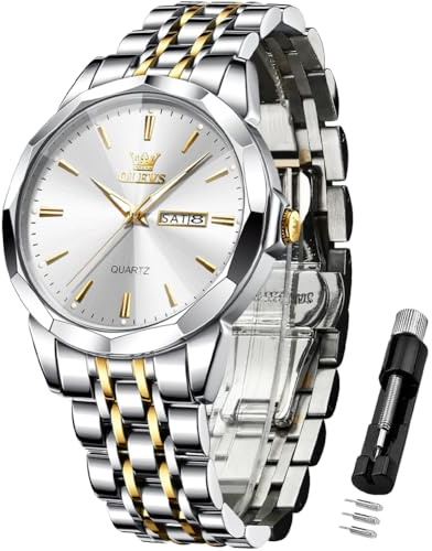 OLEVS Herrenuhren mit Datum Kalender Geschäft Quarz Armbanduhr Analog Edelstahl Wasserdicht Leuchtend Zwei-Farbig Casual Armbanduhr