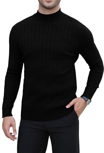 MLANM Men's Vertical Cable Knit Turtleneck Jumper Winter Black XL